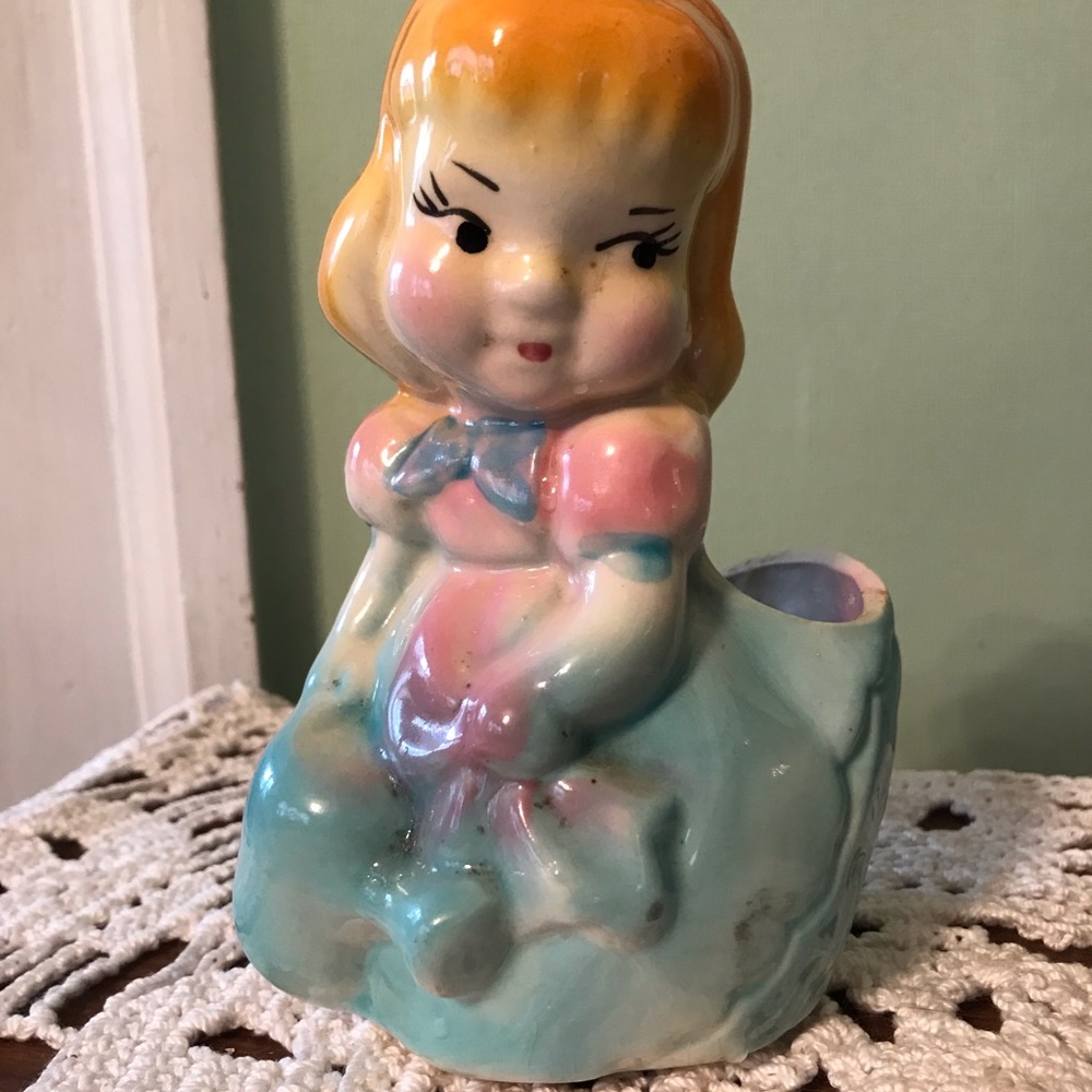 Vintage Midcentury Ceramic Planter - Girl In a Pink & Blue Dress.